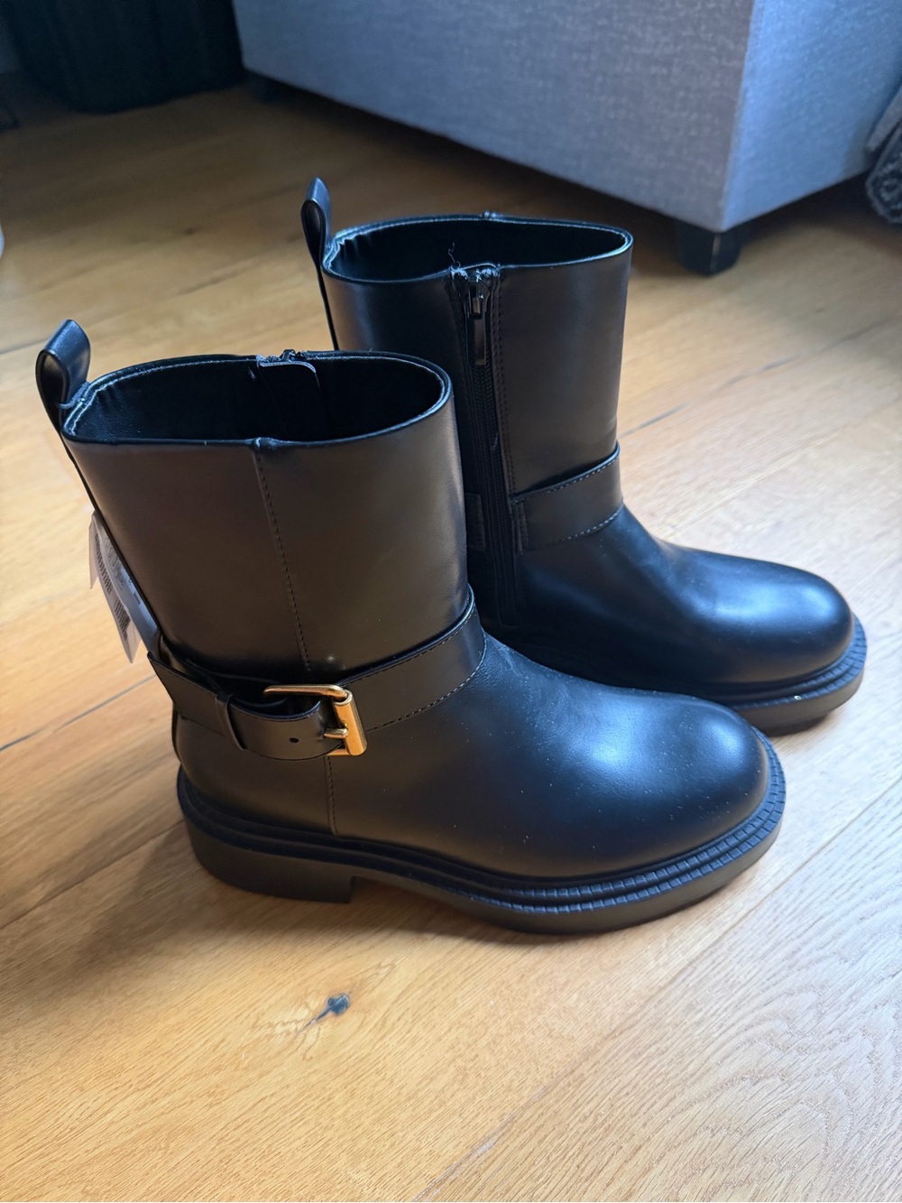 Zara Black Combat Moto Ankle Boots with Gold Buckle